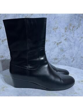 Cole Haan Womens Size 10.5 Shoes Black Leather Zip Up Comfort Wedge Career Boots